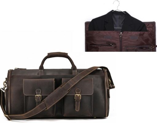 Convertible Garment Bag with Shoes Compartment Full Grain Leather Carry on Duffle Bag for Men Women Hanging Weekender Business Suitcase for Travel Suit Coffee