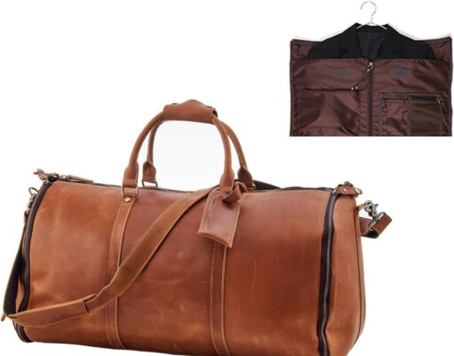 Genuine Leather Convertible Garment Bag with Shoes Compartment Full Grain Leather Carry on Duffle Bag for Men Women Weekender Hanging Business Suitcase for Travel Suit