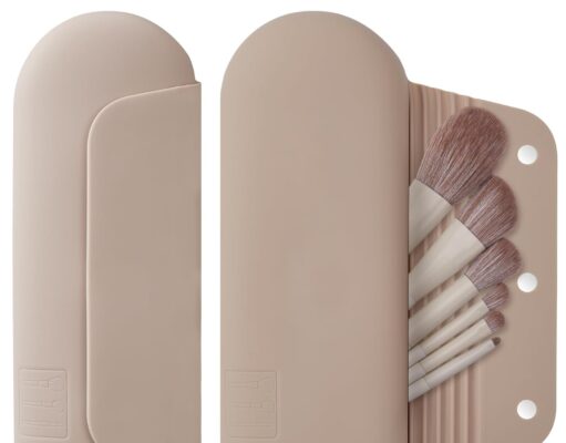 Silicone Makeup Brush Holder Travel Cosmetic Bag:Soft Portable Cosmetic Face Brushes Holder with Upgrade Anti-Fall Out Magnetic Closure, Large Travel Makeup Brush Case – Walnut