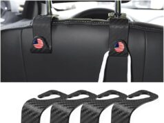 4PCS Car Seat Headrest Hooks, Auto Back Seat Hanger Holder, Durable Stylish Vehicle Organizer Universal Car Interior Accessories, Storage Hooks for Purses, Bags, Clothes, Coats (Carbon Fiber/Red Flag)