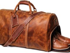 24″ Leather Weekender Bag with Shoe Compartment,Classic Mens Leather Travel Duffel Overnight Bag (Brown)