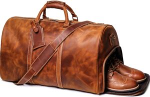 24″ Leather Weekender Bag with Shoe Compartment,Classic Mens Leather Travel Duffel Overnight Bag (Brown)