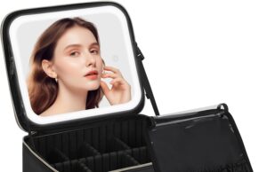 Chomeiu Makeup Bag with LED Mirror, Travel Makeup Case for Women and Makeup Artists Cosmetic Organizer Large Make Up Bags with Light Up Mirror, 3 Color Lights, Adjustable Dividers and Brush Holder