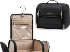 BAGSMART Makeup Bag for Women with Hanging Hook – Portable Cosmetic Case, Large Capacity Door Room Essentials Travel Organizer for Full Sized Cosmetics and Toiletries, Black