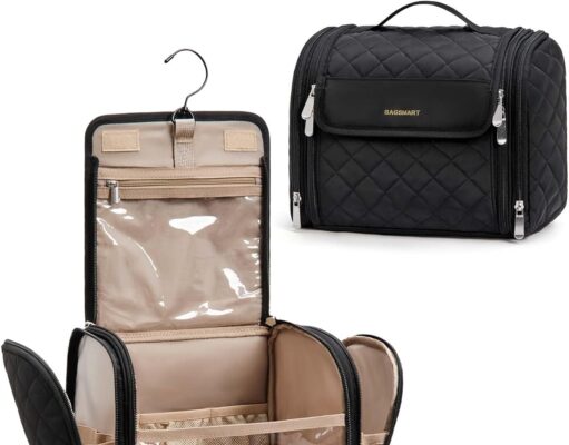 BAGSMART Makeup Bag for Women with Hanging Hook – Portable Cosmetic Case, Large Capacity Door Room Essentials Travel Organizer for Full Sized Cosmetics and Toiletries, Black