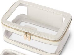 Travel Clear Makeup Bag with Makeup Brush Bag, Leather Makeup Case Toiletry Bag, Portable Cosmetic Bag Case, Transparent Waterproof Cosmetic Organizer Storage Bag for Women, Off-White