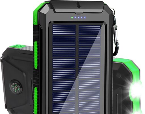 Solar Charger, 20000mAh Portable Outdoor Waterproof Solar Power Bank, Camping External Backup Battery Pack Dual 5V USB Ports Output, 2 Led Light Flashlight with Compass (Green)