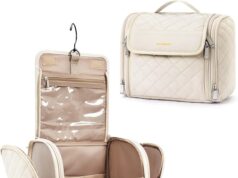 BAGSMART Toiletry Bag Travel Makeup Bag with Hanging Hook, Cosmetic Bag Make Organizer Case, Large Capacity Water-resistant Organizer for Toiletries Accessories Brushes Sponge, Beige