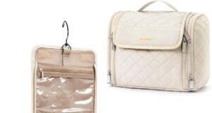 BAGSMART Toiletry Bag Travel Makeup Bag with Hanging Hook, Cosmetic Bag Make Organizer Case, Large Capacity Water-resistant Organizer for Toiletries Accessories Brushes Sponge, Beige