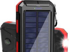 Solar Charger, 20000mAh Portable Outdoor Waterproof Solar Power Bank, Camping External Backup Battery Pack Dual 5V USB Ports Output, 2 Led Light Flashlight with Compass (Red)