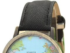 Unisex Retro Bronze Case Global Travel by Plane World Map PU Leather Band Quartz Watch