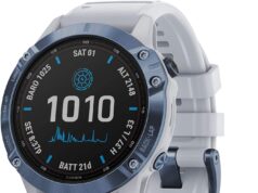 Garmin fenix 6 Pro Solar, Multisport GPS Watch with Solar Charging Capabilities, Advanced Training Features and Data, Mineral Blue with White Band (Renewed)