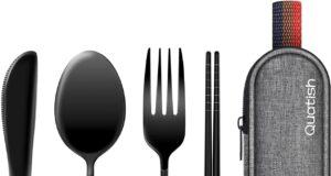 Travel Utensils with Case, Quatish Portable Silverware Set for Work, Stainless Steel Reusable Travel Cutlery Set, Fork and Spoon Set for Camping, Picnic, Gadgets, Lunch Box for Men, Black