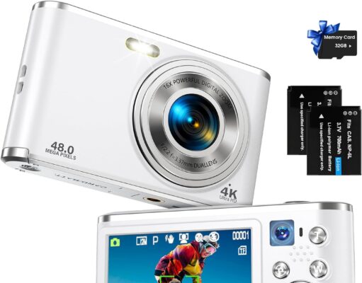 Digital Camera FHD 4K 48MP Vlogging Camera with Autofocus Dual Camera 16X Digital Zoom with 32GB Card Small Digital Cameras for Pictures Portable Compact Travel Camera for Kids Boys Girls Teens,White