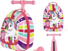 3 in 1 Kids Scooter Suitcase – 3D Hardshell Ride On Kids Luggage, Kids Carry On Luggage & Scooter with LED Lights, Removable, Retractable Handle, Birthday Gifts for Boys Girls(New Unicorn Pink)