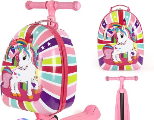 3 in 1 Kids Scooter Suitcase – 3D Hardshell Ride On Kids Luggage, Kids Carry On Luggage & Scooter with LED Lights, Removable, Retractable Handle, Birthday Gifts for Boys Girls(New Unicorn Pink)