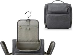 BAGSMART Hanging Toiletry Bag, Leather Dopp Kit Large Travel Kit Water-resistant for Full Sized Container, Toiletries, Cosmetics, Shaving (Grey)