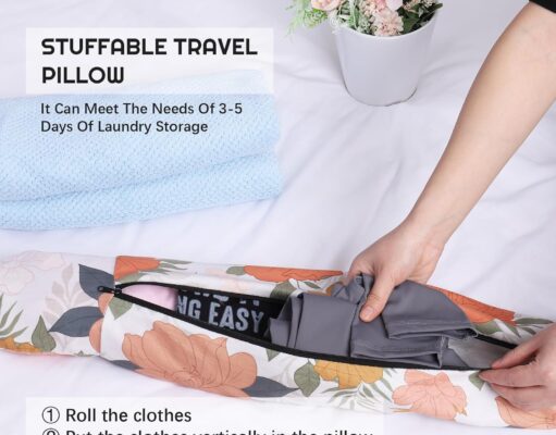 Stuffable Travel Pillow, Stuffable Neck Pillow for Travel, Portable Self-Fillable Design Travel Pillow, U-Shaped Pillow with Snap Strap and Storage Bag (Pillow Cover Only, No Filler)