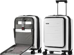 Expandable Carry On Luggage Airline Approved, 20 Inch Lightweight ABS+PC Hard Shell Suitcases with Front Pocket, Spinner Wheels, TSA Lock (Ivory White, 1PC)
