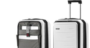 Expandable Carry On Luggage Airline Approved, 20 Inch Lightweight ABS+PC Hard Shell Suitcases with Front Pocket, Spinner Wheels, TSA Lock (Ivory White, 1PC)