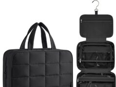 BAGSMART Travel Toiletry Bag with Jewelry Organizer, Hanging Travel Bag for Toiletries, Puffy Makeup Cosmetic Bag Organizer, Carry-on Travel Accessories Essentials, Black-M