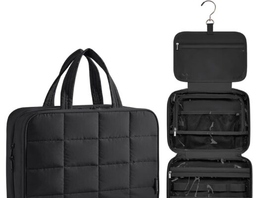 BAGSMART Travel Toiletry Bag with Jewelry Organizer, Hanging Travel Bag for Toiletries, Puffy Makeup Cosmetic Bag Organizer, Carry-on Travel Accessories Essentials, Black-M