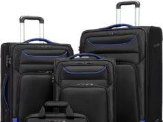 Coolife Luggage 4 Piece Set Suitcase TSA Lock Spinner Softshell lightweight(black+blue)