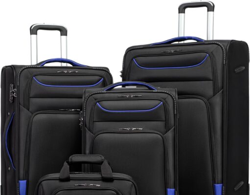 Coolife Luggage 4 Piece Set Suitcase TSA Lock Spinner Softshell lightweight(black+blue)