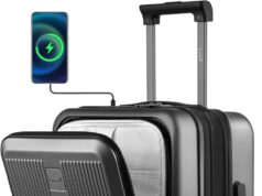 LUGGEX Carry on Luggage 22x14x9 Airline Approved, PC Hard Shell Suitcase with Front Pocket, Expandable Luggage with USB Port (Black, 20 Inch, 36.7L)