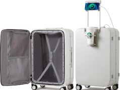 mixi Checked Luggage with Cup Phone Holder and Charger Hard Shell Suitcases with Spinner Wheels, 24 Inch Smoke White