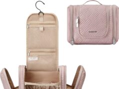 BAGSMART Travel Toiletry Bag for Women, Hanging Toiletry Bag with Hook, Travel Cosmetic Makeup Bag Travel Organizer for Accessories, Shampoo, Full Sized Container, Toiletries,Pink-Medium