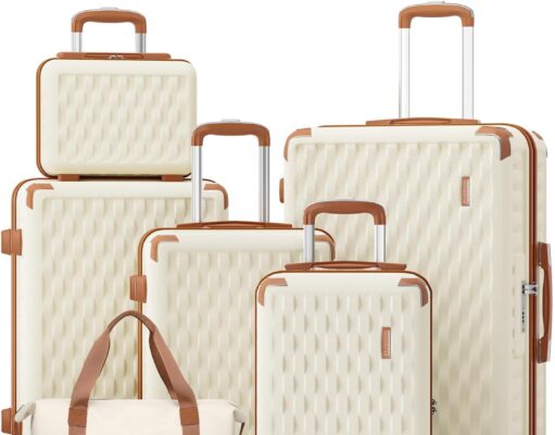 Melalenia Luggage Sets 7 Piece Suitcase Set, Hard Shell Carry on Luggage Travel Suitcases with Spinner Wheels and TSA Lock, Lightweight Luggage Set for Women, Beige Brown