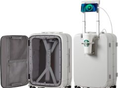 mixi Carry On Luggage with Cup Phone Holder and Charger Hard Shell Suitcases with Spinner Wheels, 20 Inch Smoke White