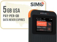 SIMO Solis 5G WiFi Mobile Hotspot + 5GB US Data Card, Local and International Coverage Router, Multi-Carrier Access, No Contract or SIM Card Required, 16 Connected Devices, 1GB/Month Lifetime Data