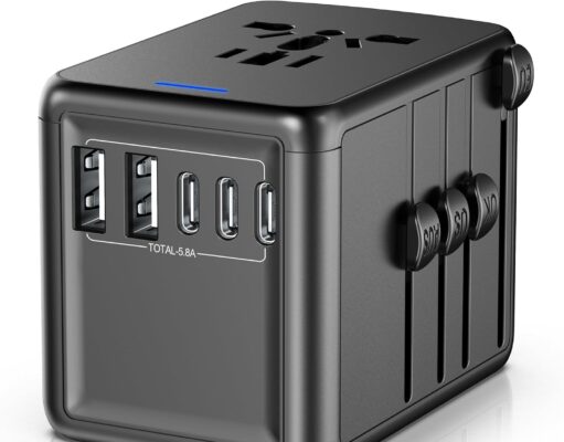 Universal Travel Adapter Offers 5.8A 3X 3.0A USB-C Ports, 2X 2.4A USB-A Ports and Multi AC Outlet, All-in-One International Power Plug Adaptor Worldwide Charger for EU US UK AU 200+ Countries