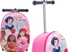 Fast Forward Disney Princess Suitcases for Girls – 18” Lightweight Kids Ride On Suitcase Scooter – 4” Wider Non-Slip Standing Deck with Weight Limit (Luggage 11lbs and Scooter 100lbs)