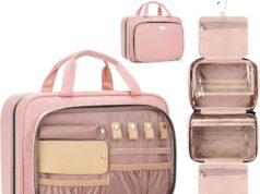 8L Travel Toiletry Bag with Jewelry Organizer for Women – 2.1 GAL Water-resistant Makeup Cosmetic Bag With Hanging Hook for Accessories Shampoo Full-size Container, Pink