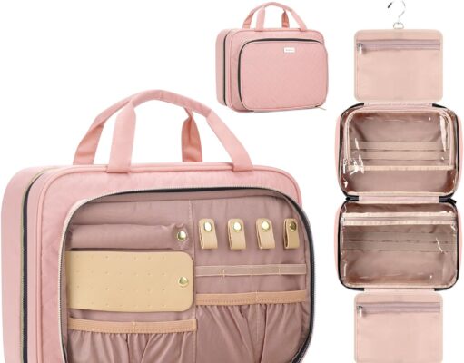 8L Travel Toiletry Bag with Jewelry Organizer for Women – 2.1 GAL Water-resistant Makeup Cosmetic Bag With Hanging Hook for Accessories Shampoo Full-size Container, Pink