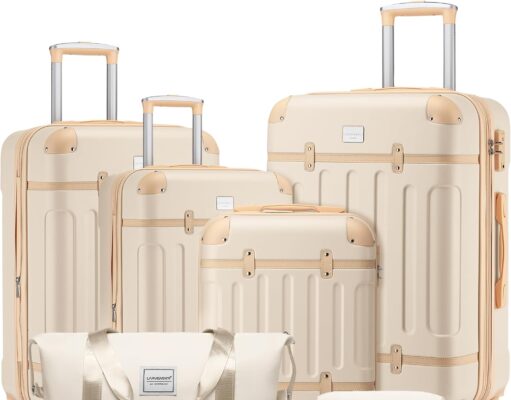 LARVENDER Luggage Sets 6 Piece, Expandable Luggage Hardshell Suitcase Sets with Spinner Wheels TSA Locks, Vintage Travel Luggage Set Clearance for Men and Women, Cream White