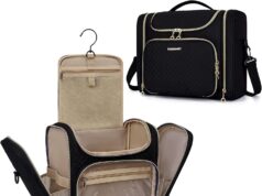 BAGSMART Toiletry Bag, Travel Toiletry Bag for Women, Water-resistant Cosmetic Makeup Bag, Large Capacity Door Room Essentials Travel Organizer for Full Sized Toiletries and Cosmetics, Black