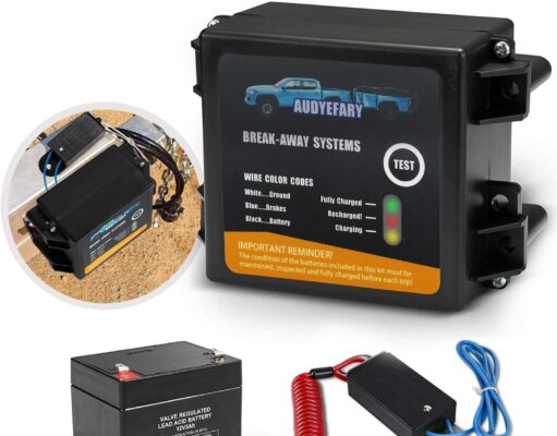 Trailer Brakes Breakaway Kit with Charger, Side Load Break-Away Controller System with Switch and LED Indicator, Built-in 12V 5AH Lead-Acid Battery, Suitable for Trailer Caravans
