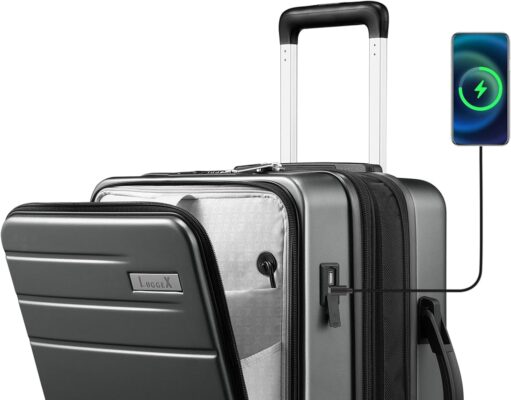 LUGGEX Carry On Luggage with Compartment, Expandable Polycarbonate Suitcase with Wheels (Black, 20 Inch, 36.1L)