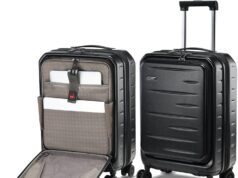 Expandable Carry On Luggage Airline Approved, 20 Inch Lightweight ABS+PC Hard Shell Suitcases with Front Pocket, Spinner Wheels, TSA Lock (Black, 1PC)