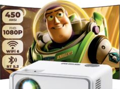 Mini Projector with WiFi and Bluetooth, 450ANSI 1080P FHD Home Movie Projector, Portable Outdoor Projector with 250″ Display+Zoom, Compatible w/Phone/Laptop/DVD/TV Stick-Indoor&Outdoor