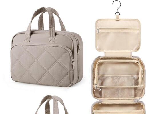 BAGSMART HangingToiletry Bag for Women, Puffy Travel Toiletry Bag with Jewelry Organizer, Waterproof Cosmetic Makeup Bag Compartment, Toiletries Kit Set for Traveling, Accessories, Essentials (M)