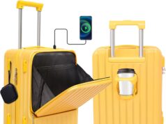 Front Pocket Luggage, Carry-on Luggage with Spinner Wheels, Suitcase with Cup Holder, USB Port (Yellow, Carry-On 20-Inch)