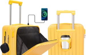 Front Pocket Luggage, Carry-on Luggage with Spinner Wheels, Suitcase with Cup Holder, USB Port (Yellow, Carry-On 20-Inch)