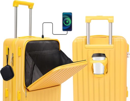 Front Pocket Luggage, Carry-on Luggage with Spinner Wheels, Suitcase with Cup Holder, USB Port (Yellow, Carry-On 20-Inch)