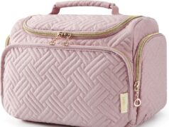 BAGSMART Travel Toiletry Bag, Large Wide-open Travel Bag for Toiletries, Makeup Cosmetic Travel Bag with Handle, Pink-M