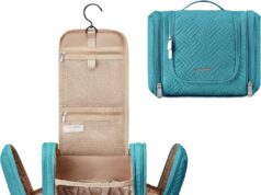 BAGSMART Travel Toiletry Bag for Women, Hanging Toiletry Bag with Hook, Travel Cosmetic Makeup Bag Travel Organizer for Accessories, Shampoo, Full Sized Container, Toiletries,Blue-Medium